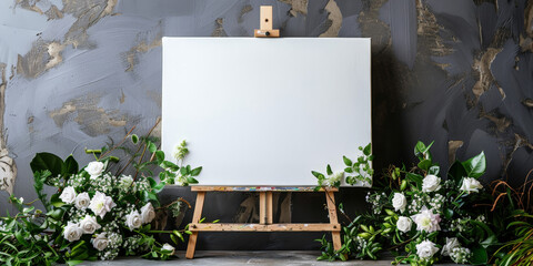 A white blank canvas on an easel with white flowers and greenery around on  a plain background..Empty white board for the guest list or photo. 