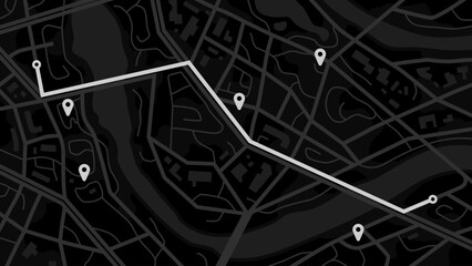 City map navigation. GPS navigator. Point marker icon. Top view, view from above. Abstract background. Simple realistic map design. Landscape with river. Flat style vector illustration. Black colors.