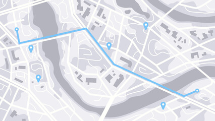City map navigation. GPS navigator. Point marker icon. Top view, view from above. Abstract background. Simple realistic map design. Landscape with river. Flat style vector illustration.