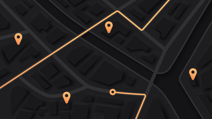 Obraz premium City map navigation. GPS navigator. Point marker icon. Top view, view from above. Abstract background. Simple realistic map design. Landscape with river. Flat style vector illustration. Dark colors.