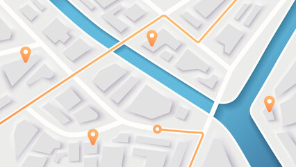 Naklejka premium City map navigation. GPS navigator. Point marker icon. Top view, view from above. Abstract background. Simple realistic map design. Landscape with river. Flat style vector illustration.