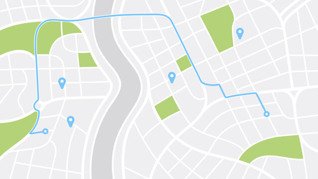 City map navigation. GPS navigator. Point marker icon. Top view, view from above. Abstract background. Simple realistic map design. Landscape with river. Flat style vector illustration.