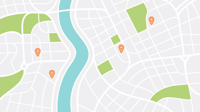 City map navigation. GPS navigator. Point marker icon. Top view, view from above. Abstract background. Simple realistic map design. Landscape with river. Flat style vector illustration.