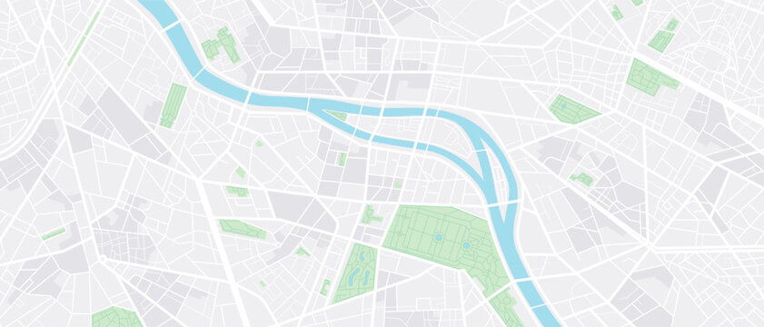 City map navigation. GPS navigator. Point marker icon. Top view, view from above. Abstract background. Simple realistic map design. Landscape with river. Flat style vector illustration.