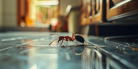 Close up of an ant on the kitchen floor
