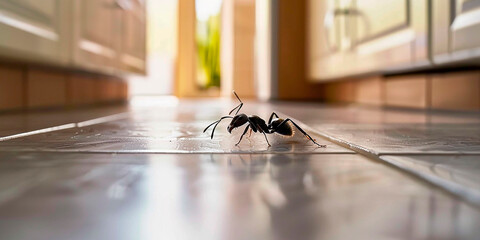 Close up of an ant on the kitchen floor
 - obrazy, fototapety, plakaty