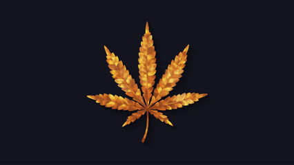 Cannabis leaf isolated. Marijuana leaf icon. Vector illustration. Logo concept. Indica, Sativa, Hybrid, Ruderalis. Gold. Premium branding design.