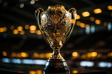 the essence of triumph and competition in a stadium with a gleaming grand trophy as the focal point
