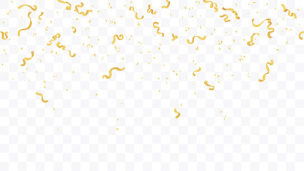 Vector confetti seamless pattern. Yellow color confetti falls from above. Transparent background. Shiny confetti isolated. Ribbons. Defocused elements. Party, birthday, Holiday banner template.