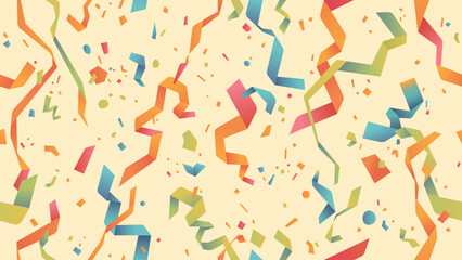 Vector confetti seamless pattern. Colorful confetti falls from above. Retro yellow background. Shiny confetti isolated. Ribbons. Defocused elements. Party, birthday, Holiday banner template.