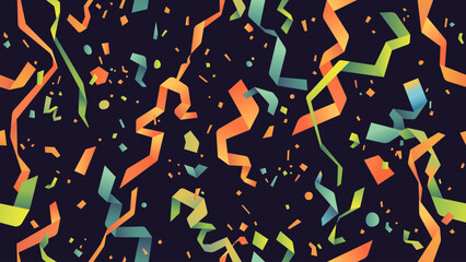 Vector confetti seamless pattern. Colorful confetti falls from above. Black background. Shiny confetti isolated. Ribbons. Defocused elements. Party, birthday, Holiday banner template.