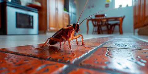 Close-up of a cockroach on the floor. - obrazy, fototapety, plakaty