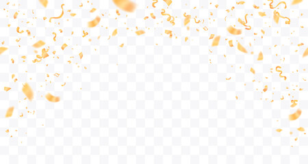 Vector confetti seamless pattern. Yellow color confetti falls from above. Transparent background. Shiny confetti isolated. Ribbons. Defocused elements. Party, birthday, Holiday banner template.