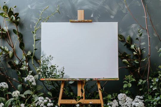 A white blank canvas on an easel with white flowers and greenery around on  a plain background..Empty white board for the guest list or photo. 