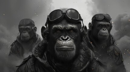   A group of gorillas aligns before a cloudy backdrop, emitting smoke from their ear tufts