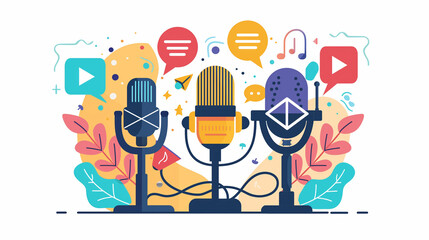 Colorful illustration of three microphones with lively podcast icons and elements