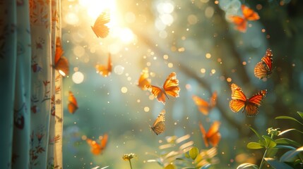   A cluster of orange butterflies flitting above a verdant forest, sunbeams filtering through the tree's leafy canopy