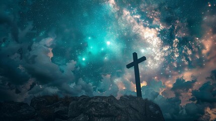 A powerful symbol of faith, a lone cross against a dramatic celestial sky, evoking inspiration and profound contemplation. - obrazy, fototapety, plakaty