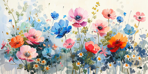 Vibrant Botanical Bouquet An Oil Painting of Colorful Flowers on White Background with Blue, Red and Pink Blooms