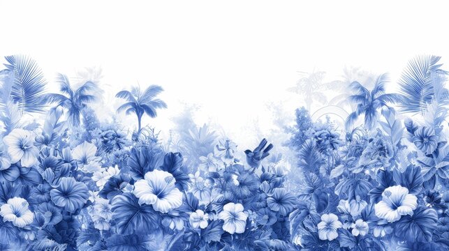   A blue and white floral arrangement with palm trees against a pristine white backdrop Include text or insert an image here