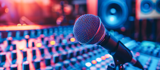 microphone in the modern studio with audio mixer. recording studio concept background