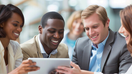 Four colleagues sharing a laugh over a tablet in the office
