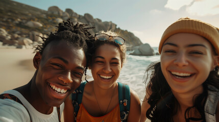 Joyful trio shares a sunny beach day selfie - obrazy, fototapety, plakaty