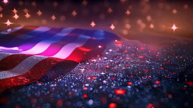 Waving American flag with sparkling lights and bokeh effect. 
