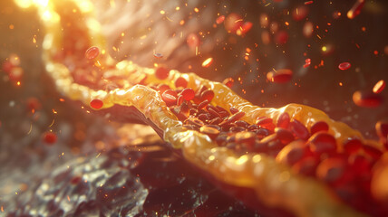 Close-up 3D visualization of arterial blockage, demonstrating cholesterol and plaque buildup, on a dynamic scientific background