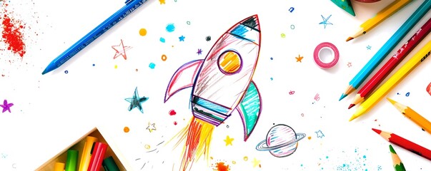 Hand-drawn rocket launching into space, surrounded by colorful art supplies. Creativity in education concept. Inspiring craft for kids. Imaginative play illustration. AI - obrazy, fototapety, plakaty
