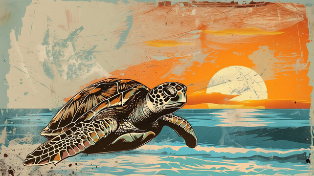 Retro-styled World Turtle Day poster, vintage sea turtle illustrations, sunset beach background, nostalgic feel
