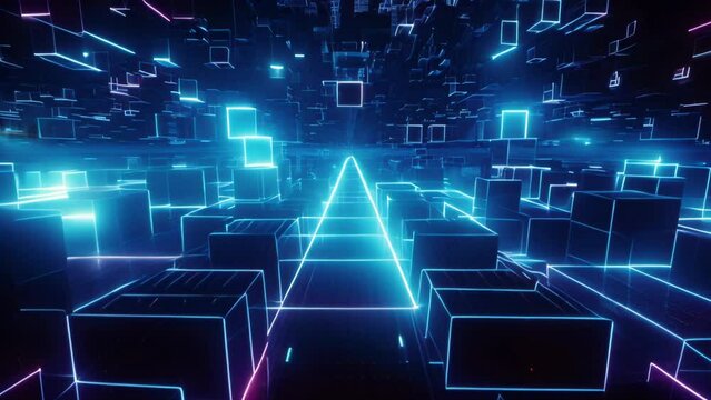 Abstract digital 3D blocks in neon blue. Futuristic technology and data concept. 