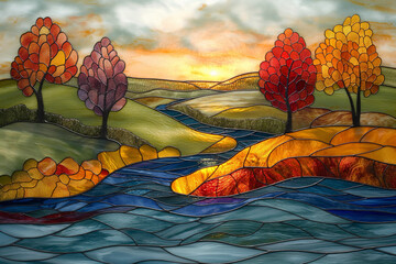  stained glass window with a river in the background using the Leadlight technique