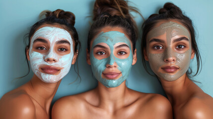 three Hispanic  young women share a moment with facial masks, looking serene
