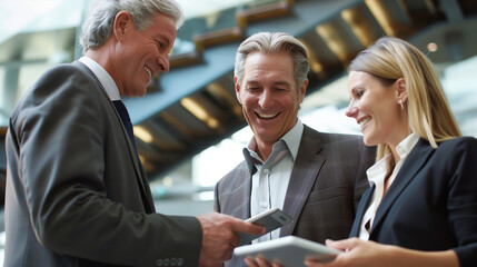 Three professionals sharing a digital tablet and laughing in a modern office setting