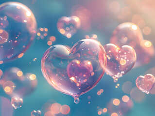 Dreamy Heart Bubbles with Pink Bokeh Lights - obrazy, fototapety, plakaty