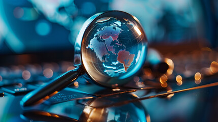 Digital world map viewed through a magnifying glass, concept of global analysis