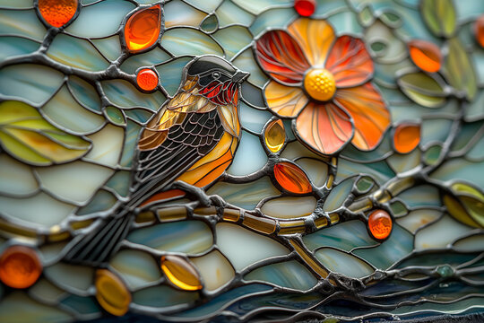 a stained glass window model with sun, flower, river and bird using the Tiffany Style technique