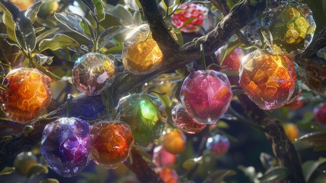 cluster of vibrantly colored, crystalized fruits growing on a magical tree. Each fruit pulsates with a different magical aura, hinting at their unique properties.. 