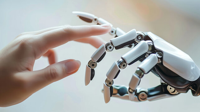 A human hand and a robotic hand about to touch, symbolizing human-robot interaction