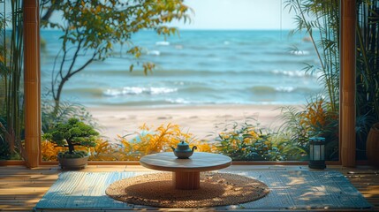   A room featuring an ocean view, with a centrally placed table topped by a potted plant - obrazy, fototapety, plakaty