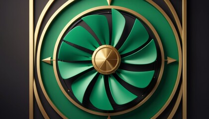 An art deco style fan with green blades and gold details against a dark backdrop, symbolizing luxury and design elegance.