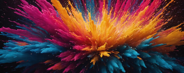 A bright explosion of coloured powder fills the air, creating a dynamic and colourful spectacle. The powders were released simultaneously, creating a stunning visual effect. - obrazy, fototapety, plakaty