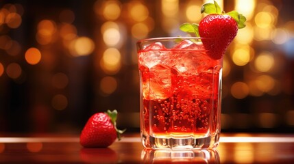 Drink in a glass with ripe strawberries on the table. Invigorating refreshing juice, delicious snack and breakfast. A healthy organic drink. Proper nutrition and diet.