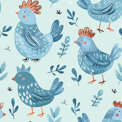 cute blue, Easter boho chicken , kids style, belam design, repeating pattern