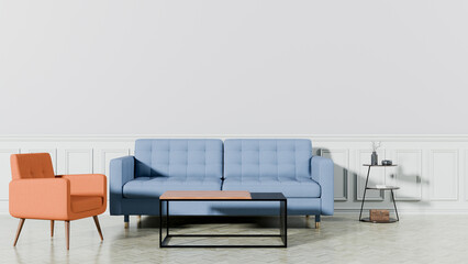 a living room with a blue couch and orange chairs