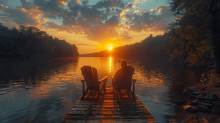A man and a woman are sitting on a dock by a lake, watching the sun set. Image created by AI - obrazy, fototapety, plakaty
