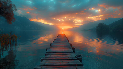 A wooden bridge spans a body of water with a sunset in the background. Image created by AI - obrazy, fototapety, plakaty