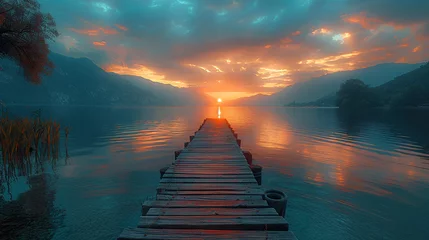 Tuinposter A wooden bridge spans a body of water with a sunset in the background. Image created by AI © Avelino