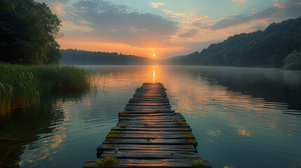 A wooden bridge spans a body of water with a sunset in the background. Image created by AI